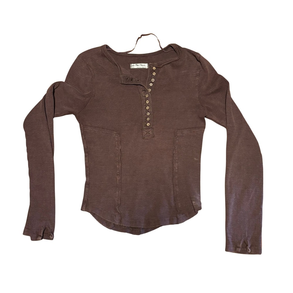 We The Free Free People Womens Small Brown Ribbed Henley Long Sleeve Seam Top